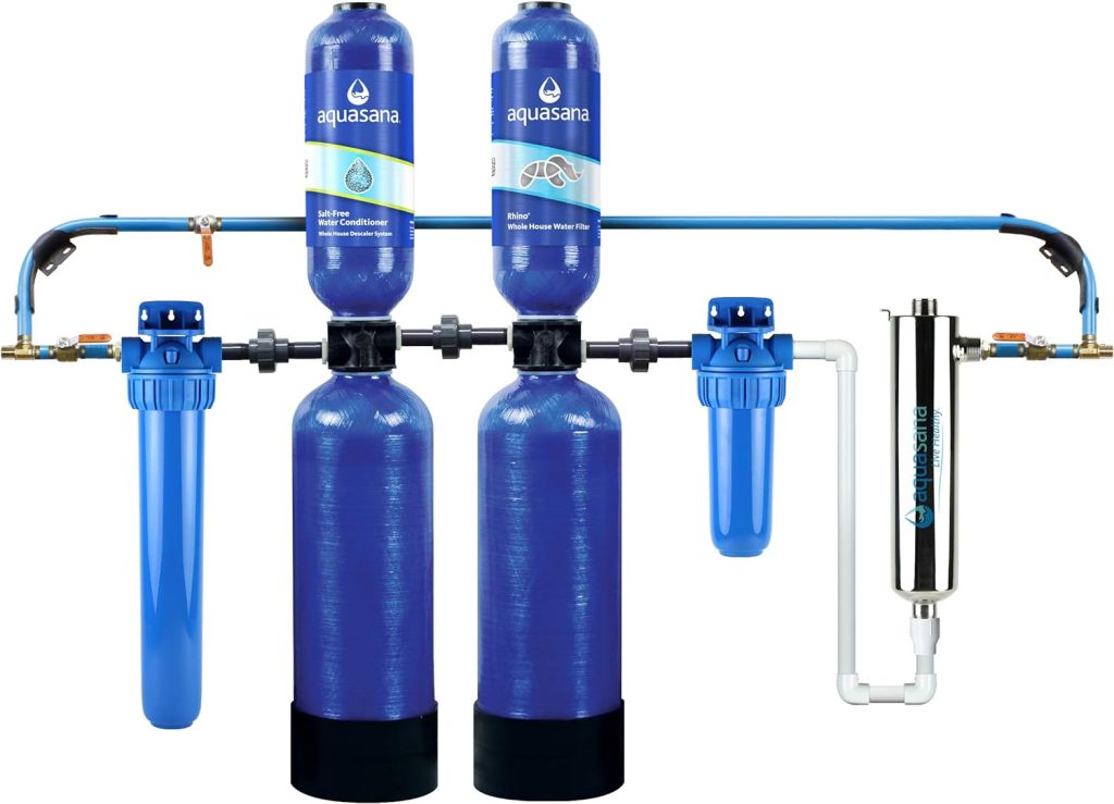 Aquasana Whole House Water Filter System - Water Softener Alternative w/ UV Purifier, Salt-Free Descaler, Carbon  KDF Media - Filters Sediment  97% Of Chlorine - 1,000,000 Gl - EQ-1000-AST-UV Aquasana Whole House Water Filter System - Water Softener Alternative w/ UV Purifier, Salt-Free Descaler, Carbon  KDF Media - Filters Sediment  97% Of Chlorine - 1,000,000 Gl - EQ-1000-AST-UV