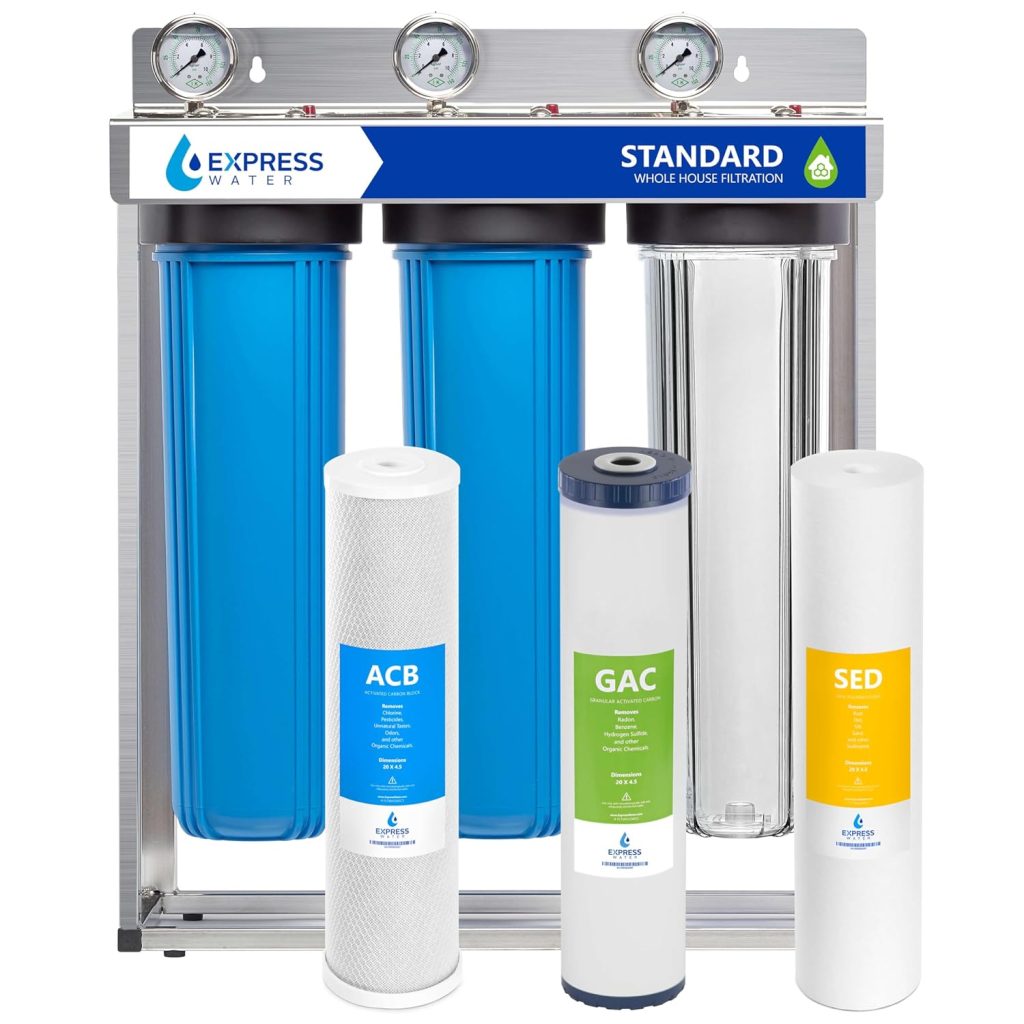 Express Water Whole House Water Filter System - 3-Stage Water Filtration System with Sediment, GAC  Carbon Filters - Reduce Chlorine - Clean Drinking Water - Stainless Steel - Water Pressure Gauge Express Water Whole House Water Filter System - 3-Stage Water Filtration System with Sediment, GAC  Carbon Filters - Reduce Chlorine - Clean Drinking Water - Stainless Steel - Water Pressure Gauge