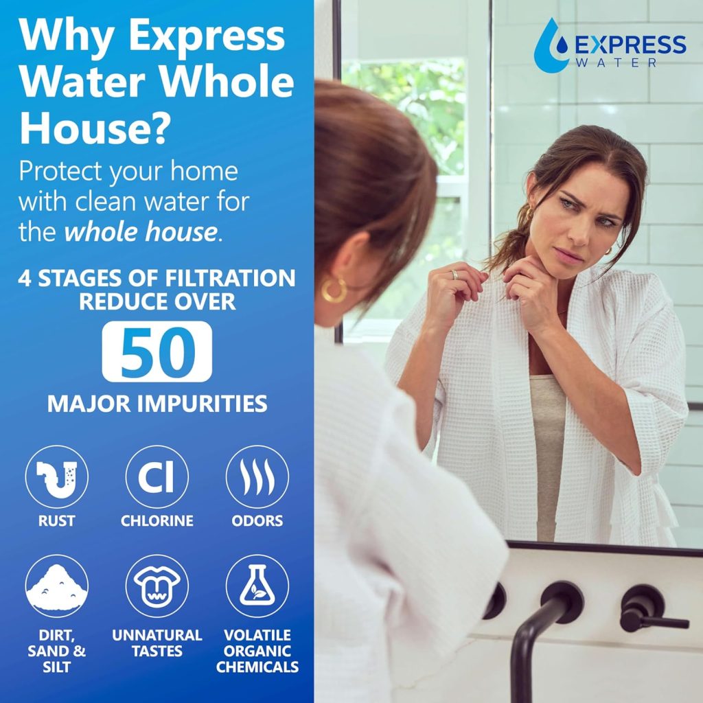 Express Water Whole House Water Filter System - 3-Stage Water Filtration System with Sediment, GAC  Carbon Filters - Reduce Chlorine - Clean Drinking Water - Stainless Steel - Water Pressure Gauge Express Water Whole House Water Filter System - 3-Stage Water Filtration System with Sediment, GAC  Carbon Filters - Reduce Chlorine - Clean Drinking Water - Stainless Steel - Water Pressure Gauge