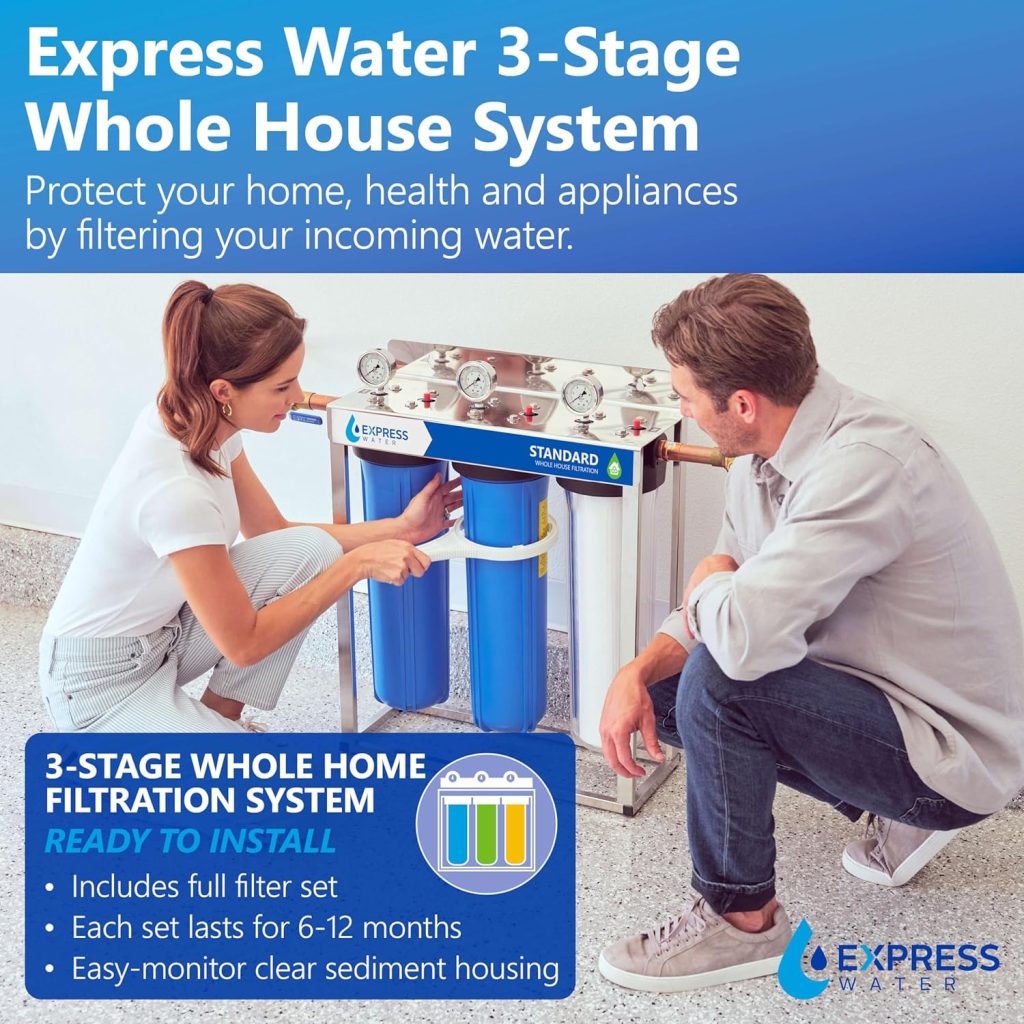 Express Water Whole House Water Filter System - 3-Stage Water Filtration System with Sediment, GAC  Carbon Filters - Reduce Chlorine - Clean Drinking Water - Stainless Steel - Water Pressure Gauge Express Water Whole House Water Filter System - 3-Stage Water Filtration System with Sediment, GAC  Carbon Filters - Reduce Chlorine - Clean Drinking Water - Stainless Steel - Water Pressure Gauge