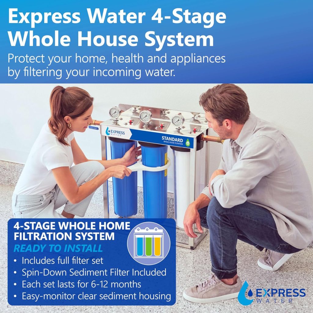 Express Water Whole House Water Filter System - 3-Stage Water Filtration System with Sediment, GAC  Carbon Filters - Reduce Chlorine - Clean Drinking Water - Stainless Steel - Water Pressure Gauge Express Water Whole House Water Filter System - 3-Stage Water Filtration System with Sediment, GAC  Carbon Filters - Reduce Chlorine - Clean Drinking Water - Stainless Steel - Water Pressure Gauge