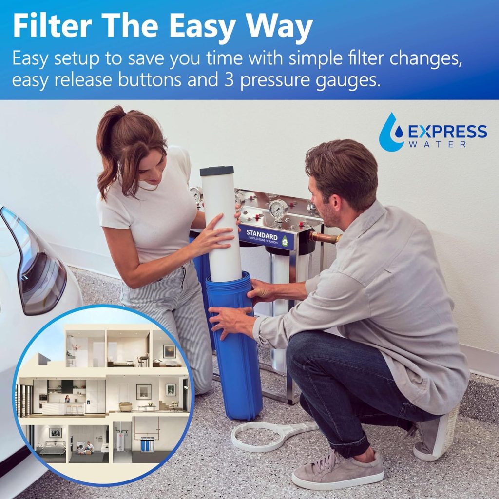 Express Water Whole House Water Filter System - 3-Stage Water Filtration System with Sediment, GAC  Carbon Filters - Reduce Chlorine - Clean Drinking Water - Stainless Steel - Water Pressure Gauge Express Water Whole House Water Filter System - 3-Stage Water Filtration System with Sediment, GAC  Carbon Filters - Reduce Chlorine - Clean Drinking Water - Stainless Steel - Water Pressure Gauge