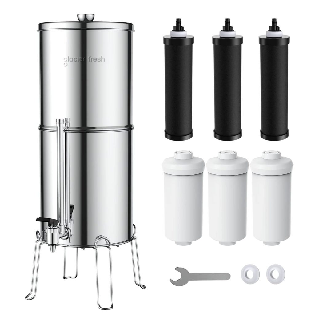 GLACIER FRESH Gravity-fed Water Filter System, 3 Gallon Stainless-Steel System with 6 Filters, Metal Water Level Spigot, and Stand to Reduce up to 99% Chlorine