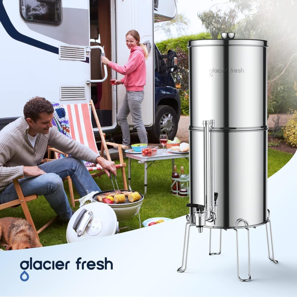 GLACIER FRESH Gravity-fed Water Filter System, 3 Gallon Stainless-Steel System with 6 Filters, Metal Water Level Spigot, and Stand to Reduce up to 99% Chlorine