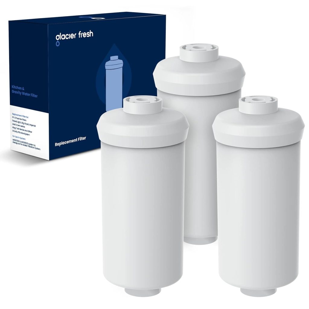 GLACIER FRESH Gravity-fed Water Filter System, 3 Gallon Stainless-Steel System with 6 Filters, Metal Water Level Spigot, and Stand to Reduce up to 99% Chlorine