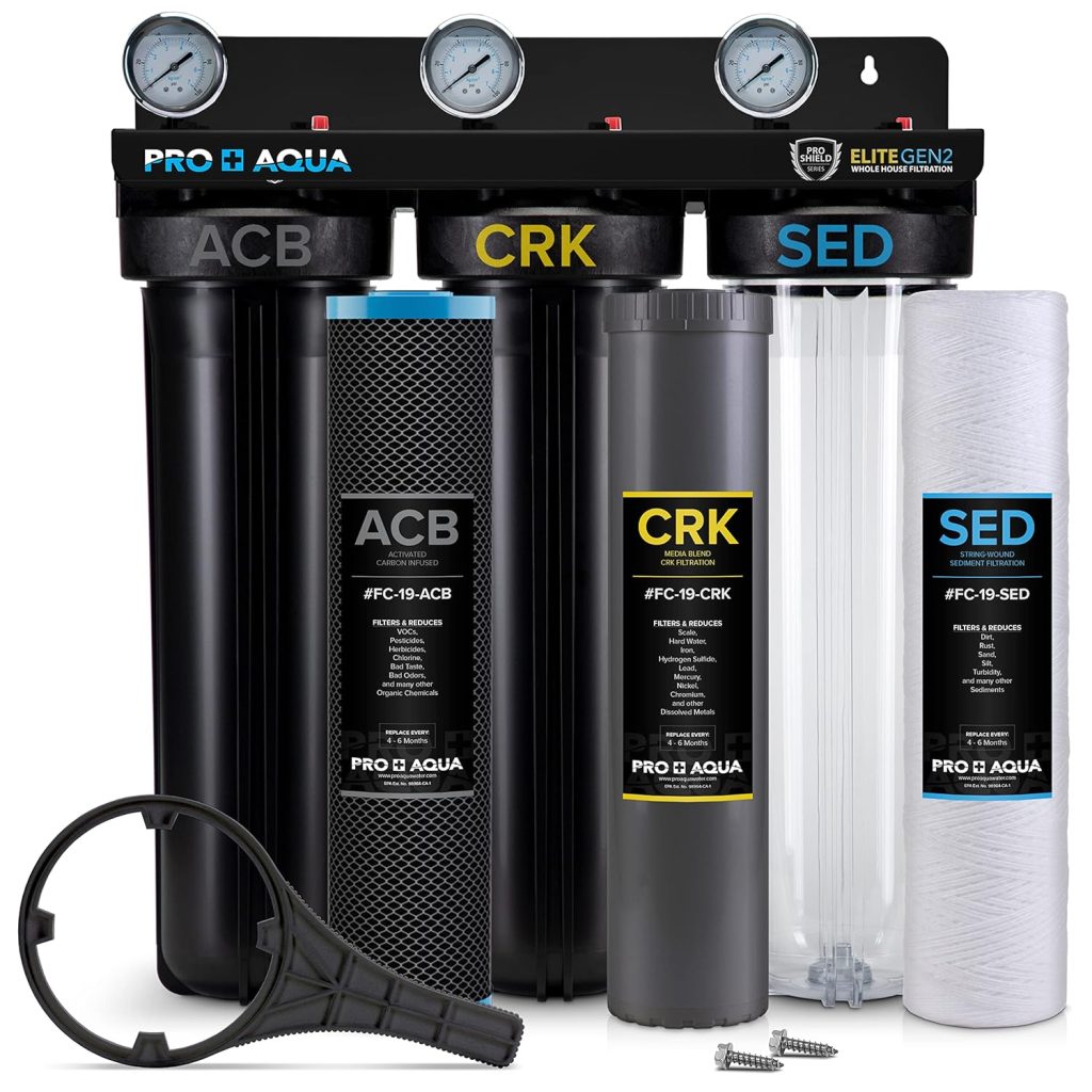 PRO+AQUA Elite Series GEN2 PRO-100-E 3-Stage Whole House Water Filtration System for City and Well Water with Pressure Gauges, Removes 99% of Chlorine, VOCs, Odors  Contaminants, 1” Ports