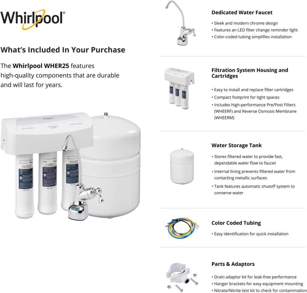 Whirlpool WHER25 Reverse Osmosis (RO) Filtration System With Chrome Faucet | Extra Long Life | Easy To Replace UltraEase Filter Cartridges, White Whirlpool WHER25 Reverse Osmosis (RO) Filtration System With Chrome Faucet | Extra Long Life | Easy To Replace UltraEase Filter Cartridges, White