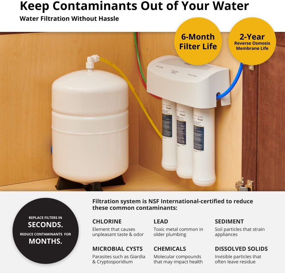 Whirlpool WHER25 Reverse Osmosis (RO) Filtration System With Chrome Faucet | Extra Long Life | Easy To Replace UltraEase Filter Cartridges, White Whirlpool WHER25 Reverse Osmosis (RO) Filtration System With Chrome Faucet | Extra Long Life | Easy To Replace UltraEase Filter Cartridges, White