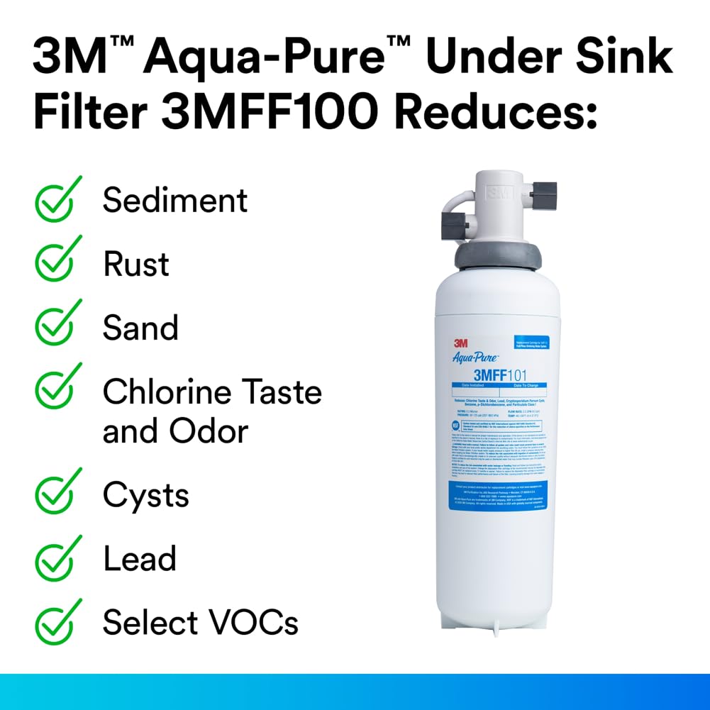 Aqua-Pure Under Sink Full Flow Drinking Replacement Water Filter 3MFF101, For Aqua-Pure System 3MFF100,Sanitary Quick Change, Reduces Particulates and Odor, Select VOCs, Model:70020249663, White