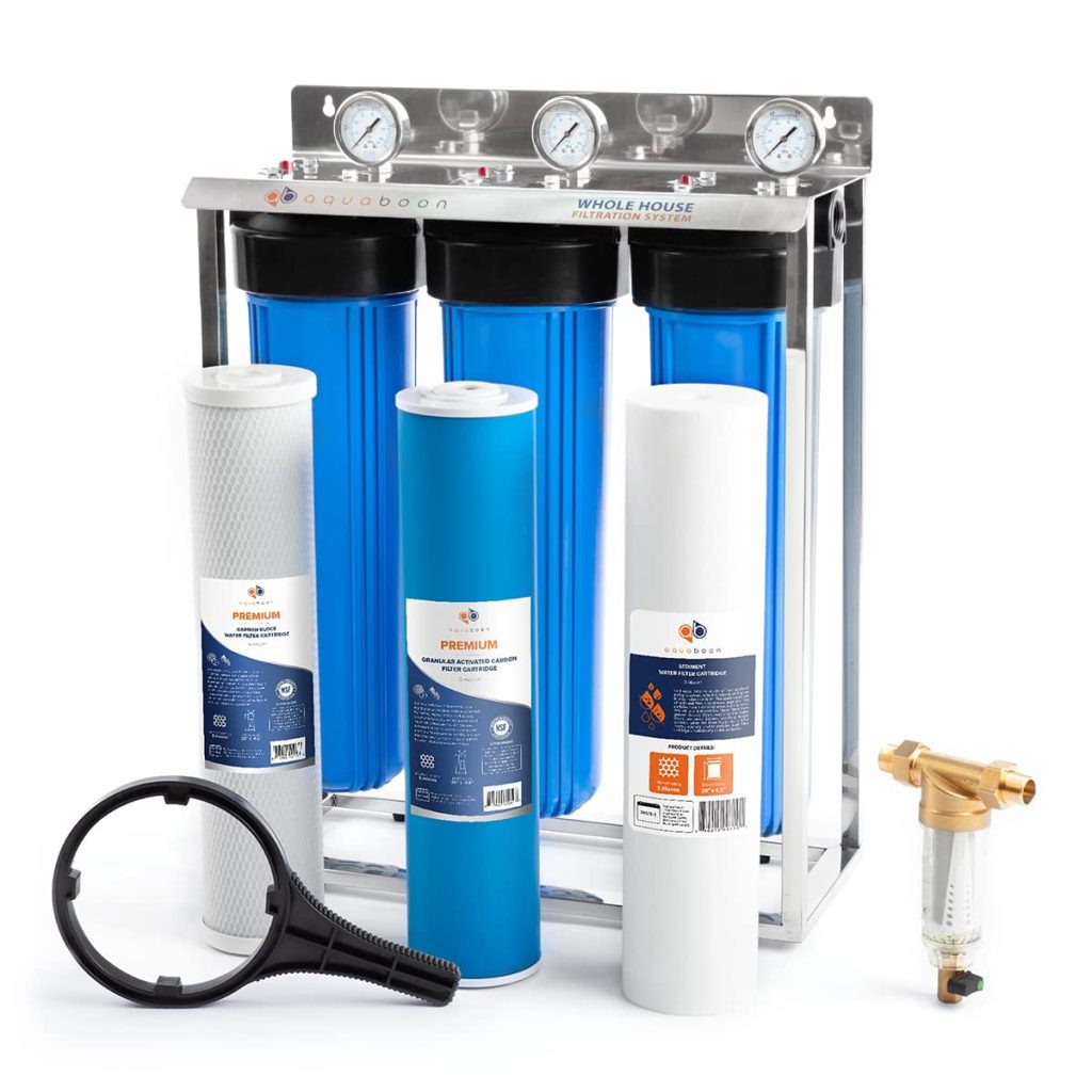 Aquaboon 20 3 Stage Whole House Water Filtration System with Big Housings and Pressure Gauges - GAC Filter, Carbon Block, Sediment Filter Cartridges - Whole Home Water Filters Portable Steel Frame Aquaboon 20 3 Stage Whole House Water Filtration System with Big Housings and Pressure Gauges - GAC Filter, Carbon Block, Sediment Filter Cartridges - Whole Home Water Filters Portable Steel Frame