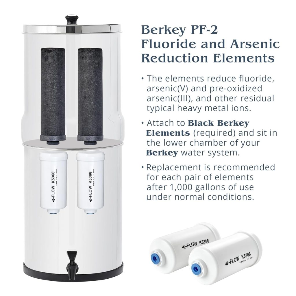 Big Berkey Gravity-Fed Water Filter System 2.25 Gallon with 2 Black Berkey Elements, 2 Berkey PF-2 Fluoride and Arsenic Reduction Elements Big Berkey Gravity-Fed Water Filter System 2.25 Gallon with 2 Black Berkey Elements, 2 Berkey PF-2 Fluoride and Arsenic Reduction Elements