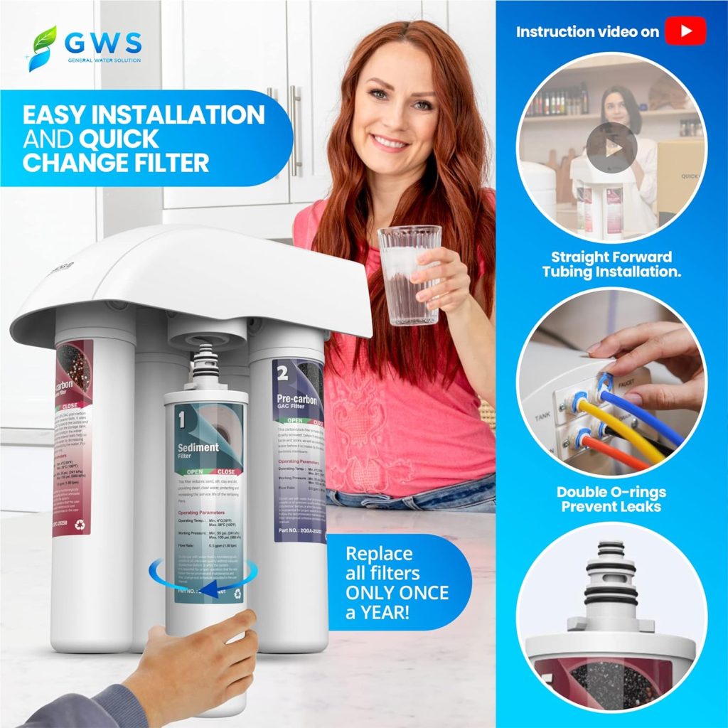 GWS ProQ2 Alkaline Water, Reverse Osmosis System, 6 Stage Quick-Change Water Filter Replacement, Under Sink Water Filtration System, Alkaline Water System for Essential Minerals, NSF Parts, 50GPD