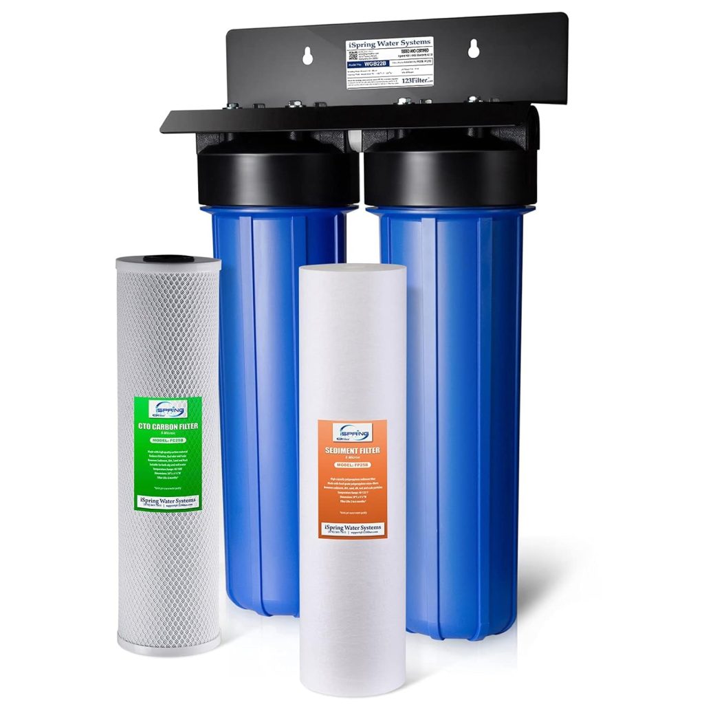 iSpring WGB22B 2-Stage Whole House Water Filtration System with 20” x 4.5” Fine Sediment and Carbon Block Filters, Removes 99% of Chlorine iSpring WGB22B 2-Stage Whole House Water Filtration System with 20” x 4.5” Fine Sediment and Carbon Block Filters, Removes 99% of Chlorine