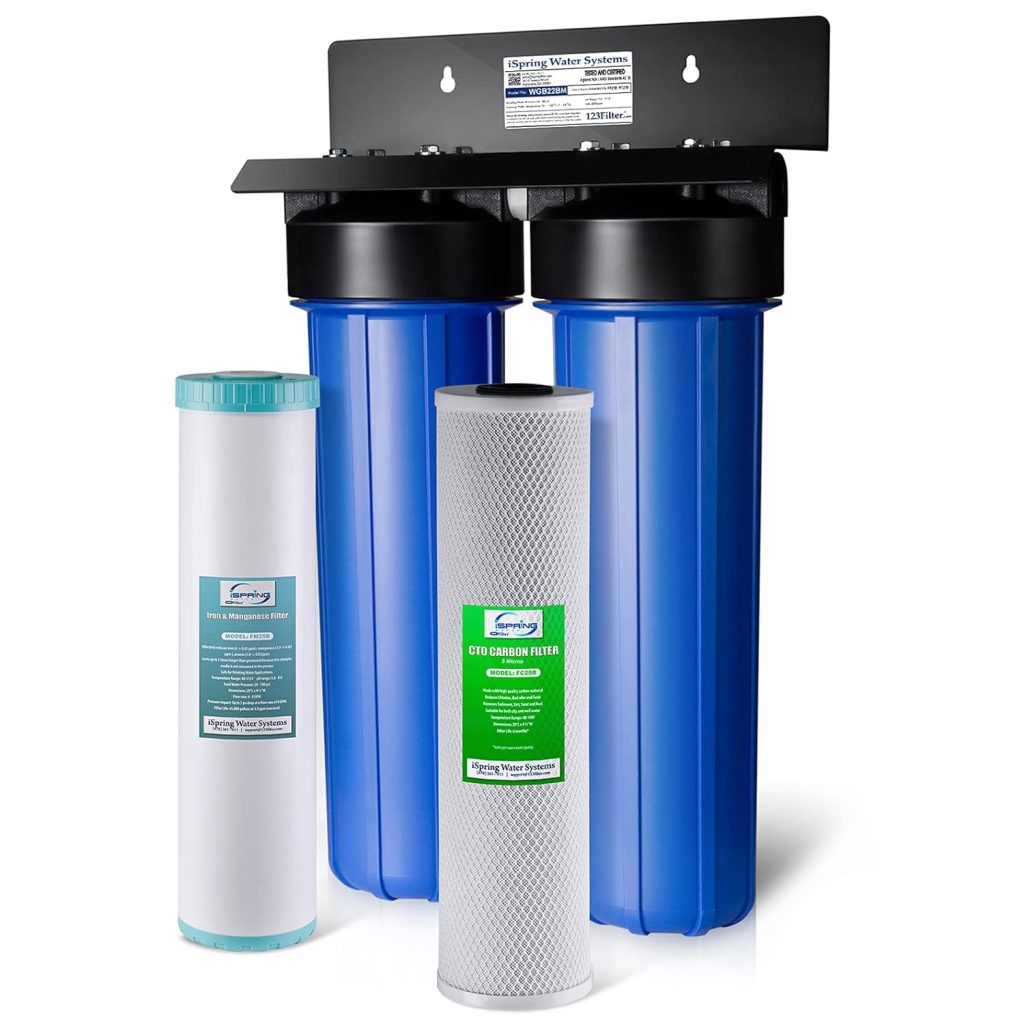iSpring WGB22B 2-Stage Whole House Water Filtration System with 20” x 4.5” Fine Sediment and Carbon Block Filters, Removes 99% of Chlorine iSpring WGB22B 2-Stage Whole House Water Filtration System with 20” x 4.5” Fine Sediment and Carbon Block Filters, Removes 99% of Chlorine