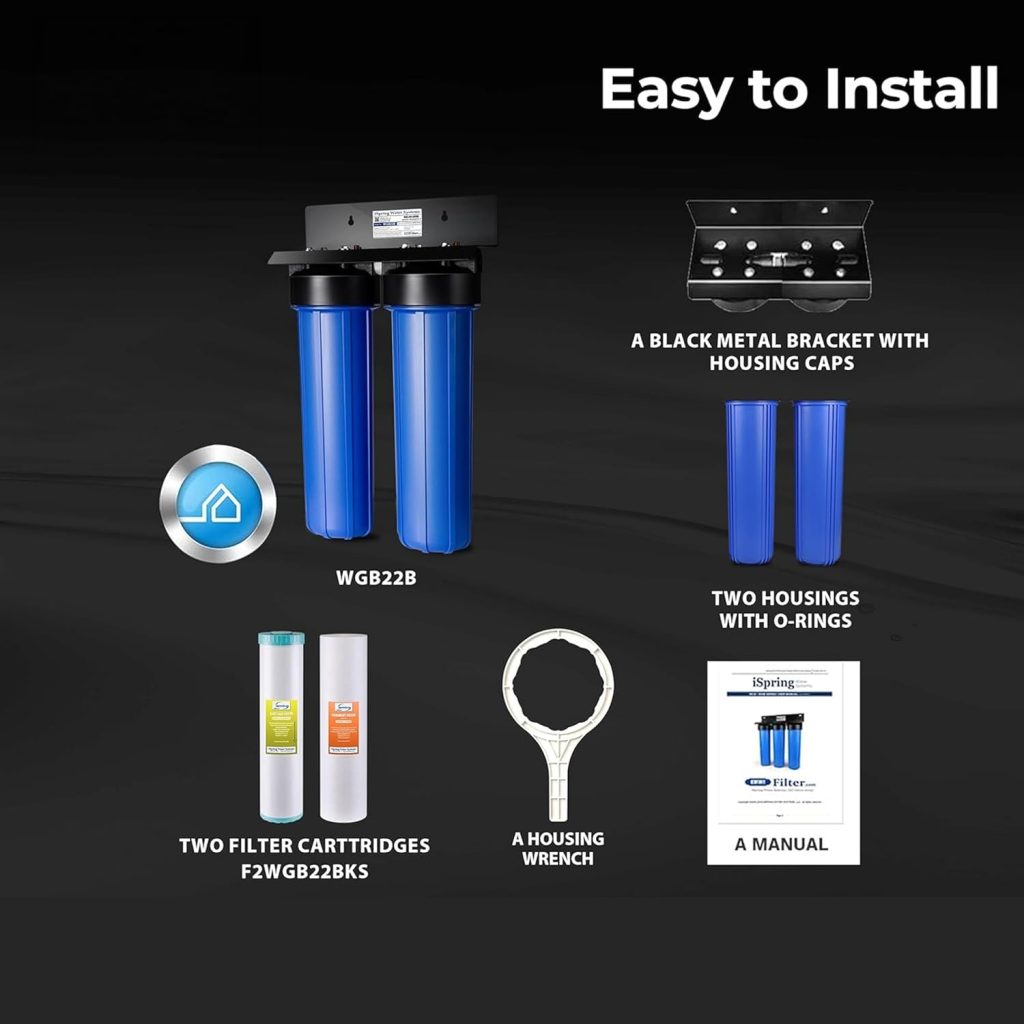 iSpring WGB22B 2-Stage Whole House Water Filtration System with 20” x 4.5” Fine Sediment and Carbon Block Filters, Removes 99% of Chlorine iSpring WGB22B 2-Stage Whole House Water Filtration System with 20” x 4.5” Fine Sediment and Carbon Block Filters, Removes 99% of Chlorine