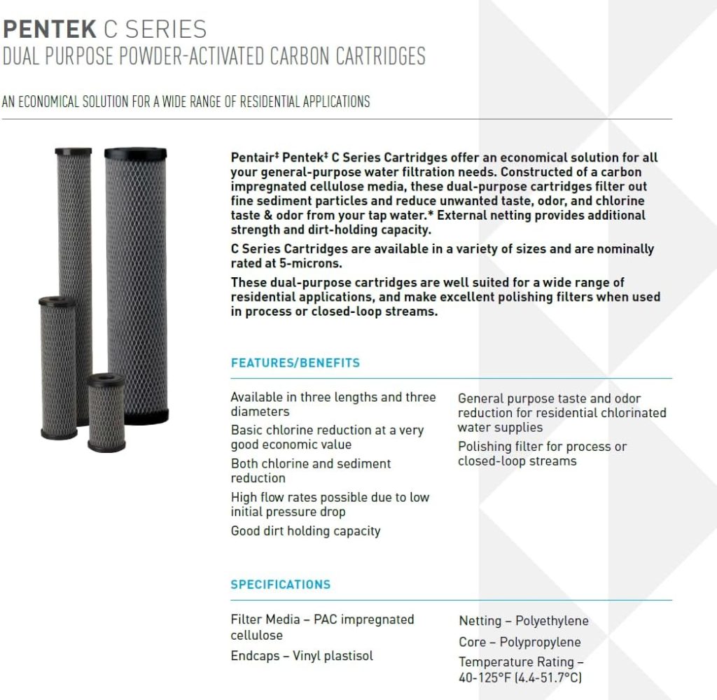 Pentair Pentek C1-20 Carbon Water Filter, 20-Inch, Whole House Dual Purpose Powdered Activated Carbon-Impregnated Cellulose Replacement Cartridge, 20 x 2.5, 5 Micron, Pack of 14