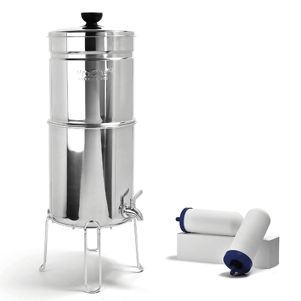 ProOne Big+ Stainless-Steel Gravity Water Filter System, 3-Gallon Water Capacity, Countertop Water Dispenser for Home, Camping, and Travel w/ (2) 7-inch Filter  Wire Stand, Proven to Reduce PFAS ProOne Big+ Stainless-Steel Gravity Water Filter System, 3-Gallon Water Capacity, Countertop Water Dispenser for Home, Camping, and Travel w/ (2) 7-inch Filter  Wire Stand, Proven to Reduce PFAS