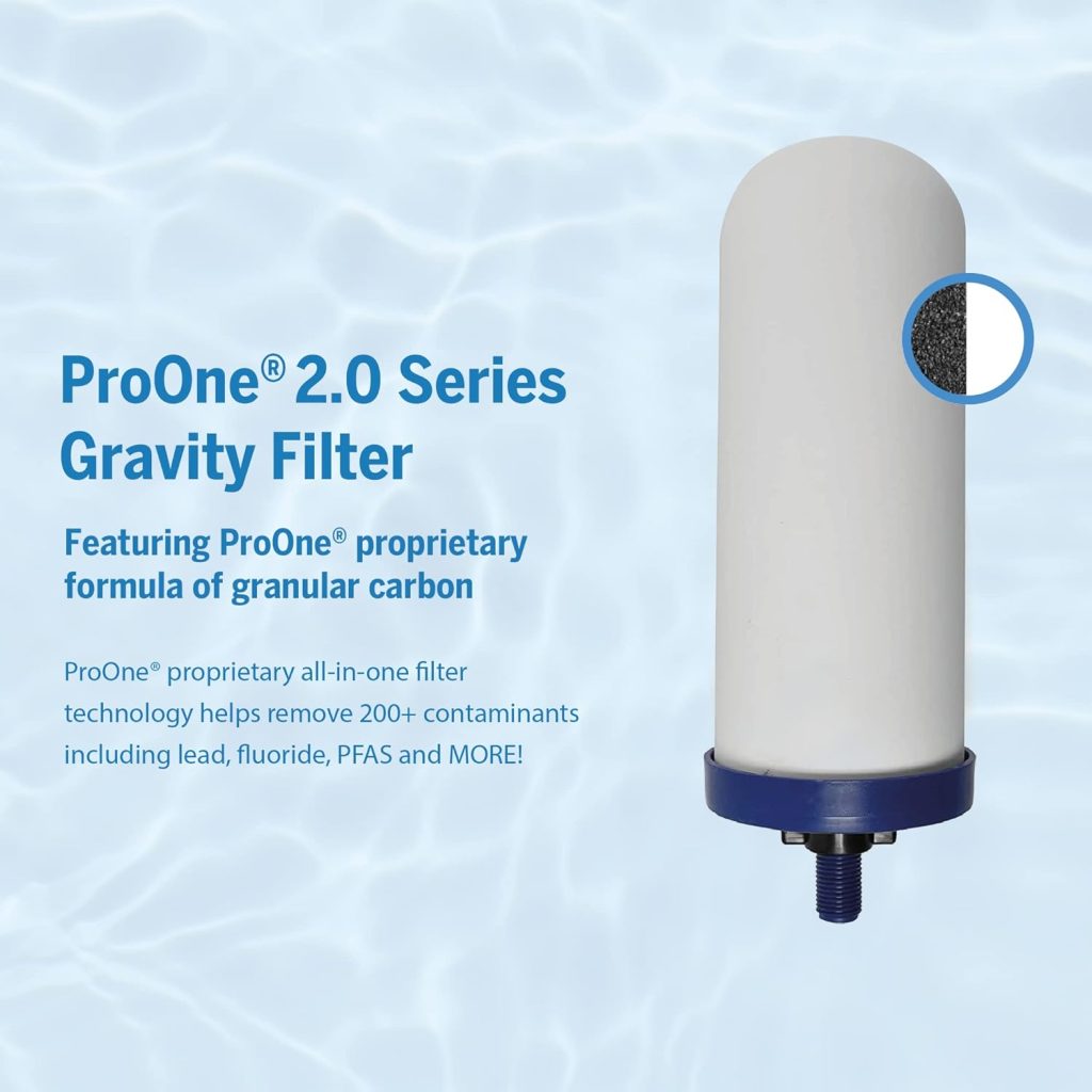 ProOne Big+ Stainless-Steel Gravity Water Filter System, 3-Gallon Water Capacity, Countertop Water Dispenser for Home, Camping, and Travel w/ (2) 7-inch Filter  Wire Stand, Proven to Reduce PFAS ProOne Big+ Stainless-Steel Gravity Water Filter System, 3-Gallon Water Capacity, Countertop Water Dispenser for Home, Camping, and Travel w/ (2) 7-inch Filter  Wire Stand, Proven to Reduce PFAS
