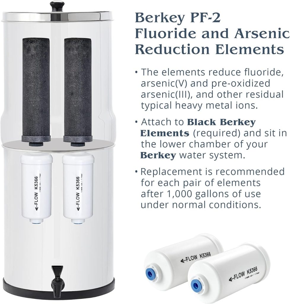 Royal Berkey Gravity-Fed Water Filter System 3.25 Gallon with 2 Black Berkey Elements, 2 Berkey PF-2 Fluoride and Arsenic Reduction Elements Royal Berkey Gravity-Fed Water Filter System 3.25 Gallon with 2 Black Berkey Elements, 2 Berkey PF-2 Fluoride and Arsenic Reduction Elements