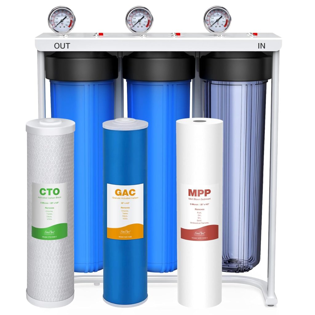 SimPure Whole House Water Filter System, 3-Stage Clear Home Water Filtration with Sediment Carbon and GAC Filters, Reduce Odor, Chlorine, Taste, Iron, Lead, 1 NPT Brass Port, BPA Free (DB20P-3) SimPure Whole House Water Filter System, 3-Stage Clear Home Water Filtration with Sediment Carbon and GAC Filters, Reduce Odor, Chlorine, Taste, Iron, Lead, 1 NPT Brass Port, BPA Free (DB20P-3)