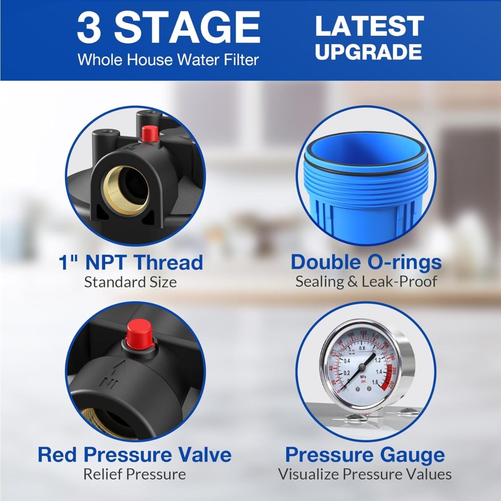 SimPure Whole House Water Filter System, 3-Stage Clear Home Water Filtration with Sediment Carbon and GAC Filters, Reduce Odor, Chlorine, Taste, Iron, Lead, 1 NPT Brass Port, BPA Free (DB20P-3) SimPure Whole House Water Filter System, 3-Stage Clear Home Water Filtration with Sediment Carbon and GAC Filters, Reduce Odor, Chlorine, Taste, Iron, Lead, 1 NPT Brass Port, BPA Free (DB20P-3)