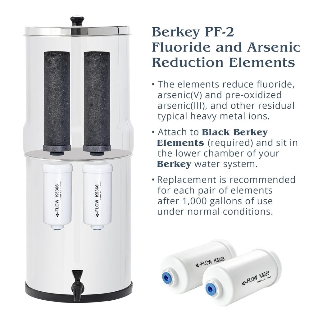 Travel Berkey Gravity-Fed Water Filter with 2 Black Berkey Elements + 2 Berkey PF-2 Fluoride and Arsenic Reduction Elements—Use at Home or Outdoors Travel Berkey Gravity-Fed Water Filter with 2 Black Berkey Elements + 2 Berkey PF-2 Fluoride and Arsenic Reduction Elements—Use at Home or Outdoors