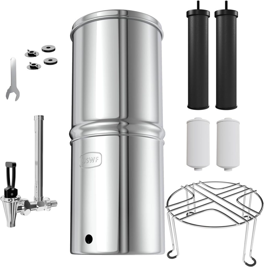 USWF Gravity Fed Water Filter - 2.25 Gal. Stainless Steel w/ 2 Carbon Filters, 2 Fluoride Filters, Portable Countertop Filtration System, Metal Sight Glass Spigot, Stand, NSF/ANSI 372 Certified