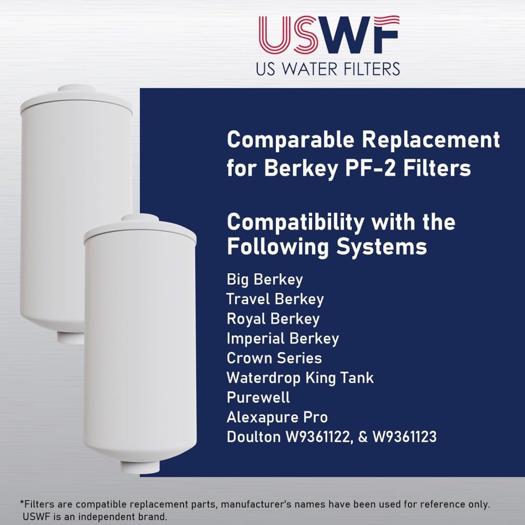 USWF Gravity Fed Water Filter - 2.25 Gal. Stainless Steel w/ 2 Carbon Filters, 2 Fluoride Filters, Portable Countertop Filtration System, Metal Sight Glass Spigot, Stand, NSF/ANSI 372 Certified