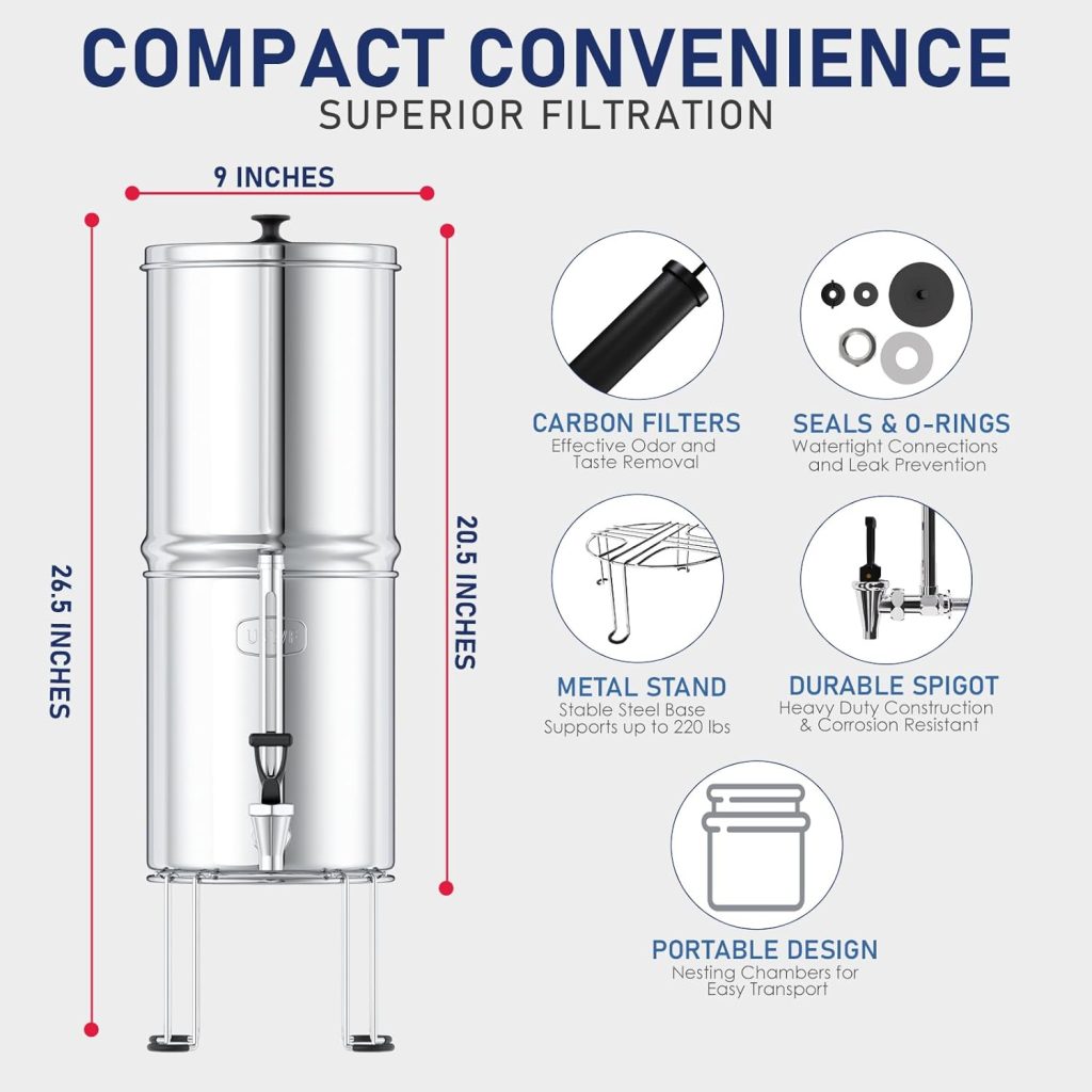 USWF Gravity Fed Water Filter - 2.25 Gal. Stainless Steel w/ 2 Carbon Filters, 2 Fluoride Filters, Portable Countertop Filtration System, Metal Sight Glass Spigot, Stand, NSF/ANSI 372 Certified