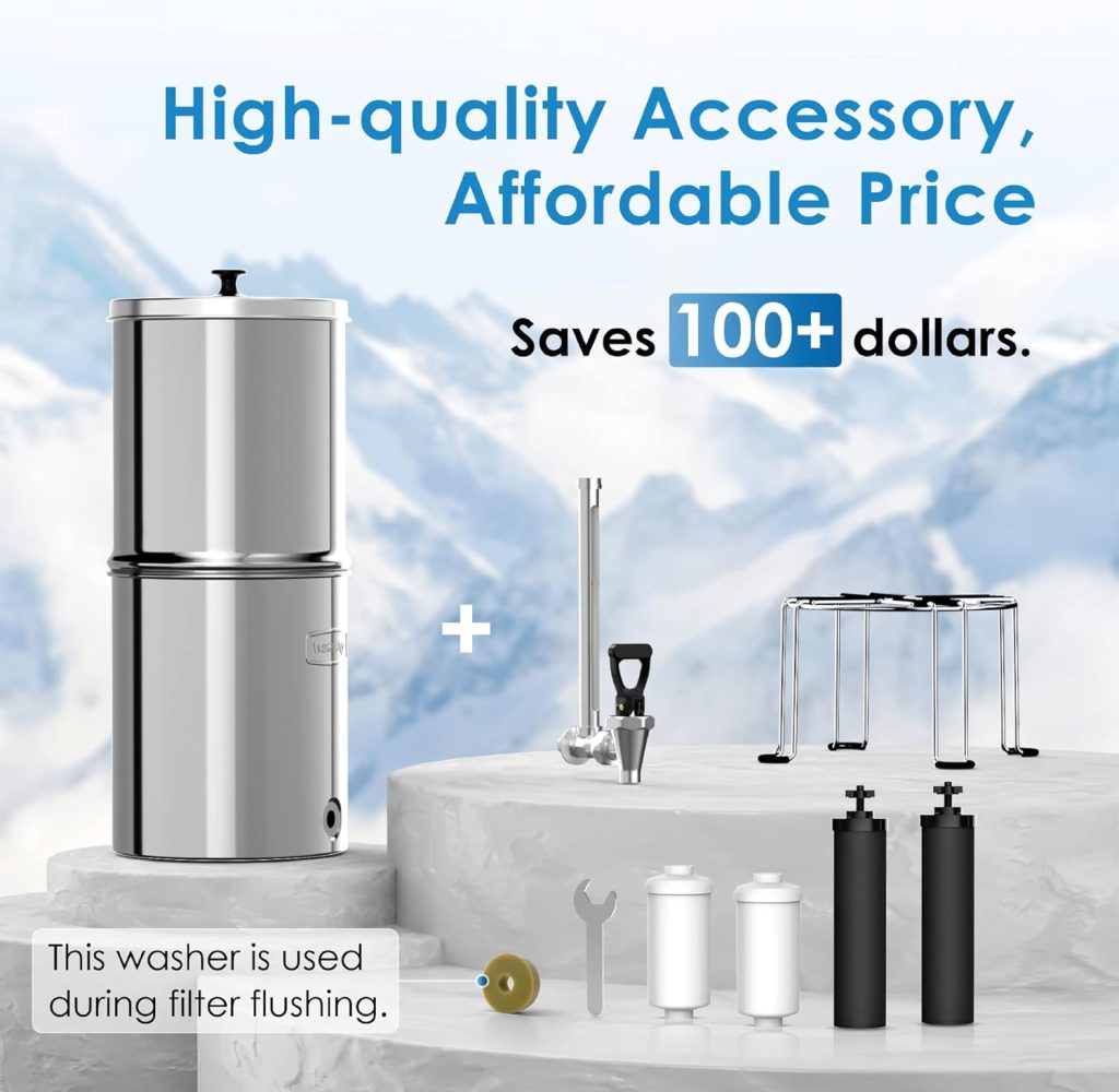 Waterdrop Gravity-fed Water Filter System, NSF/ANSI 42372 Standard, 2.25G Stainless-Steel System with 4 Filters, Metal Water Level Spigot and Stand, Reduces Chlorine-King Tank Series, WD-TK-FS