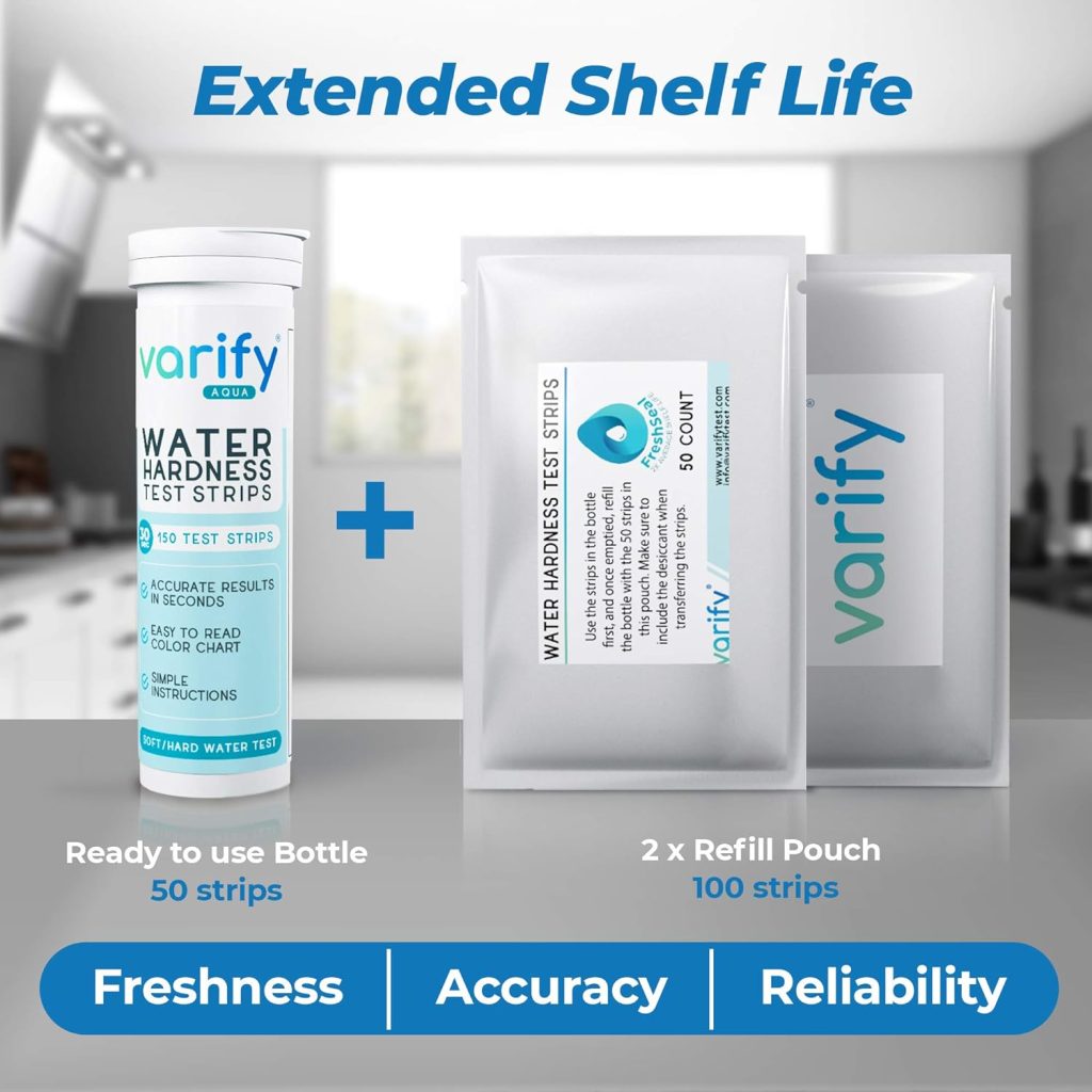 Varify Water Hardness Test Kit - Water Testing Kit for Home, Drinking, Well, Spa, Swimming Pool, Softener, Dishwasher  More - Hard Water Test Strips for Calcium, Magnesium etc (0-425 pmm, 150 Strips) Varify Water Hardness Test Kit - Water Testing Kit for Home, Drinking, Well, Spa, Swimming Pool, Softener, Dishwasher  More - Hard Water Test Strips for Calcium, Magnesium etc (0-425 pmm, 150 Strips)